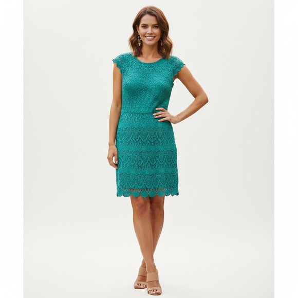 MANGO Lace Mini Dress Teal Green Cap Sleeve XS Work wear Business Casual Office - Picture 3 of 16
